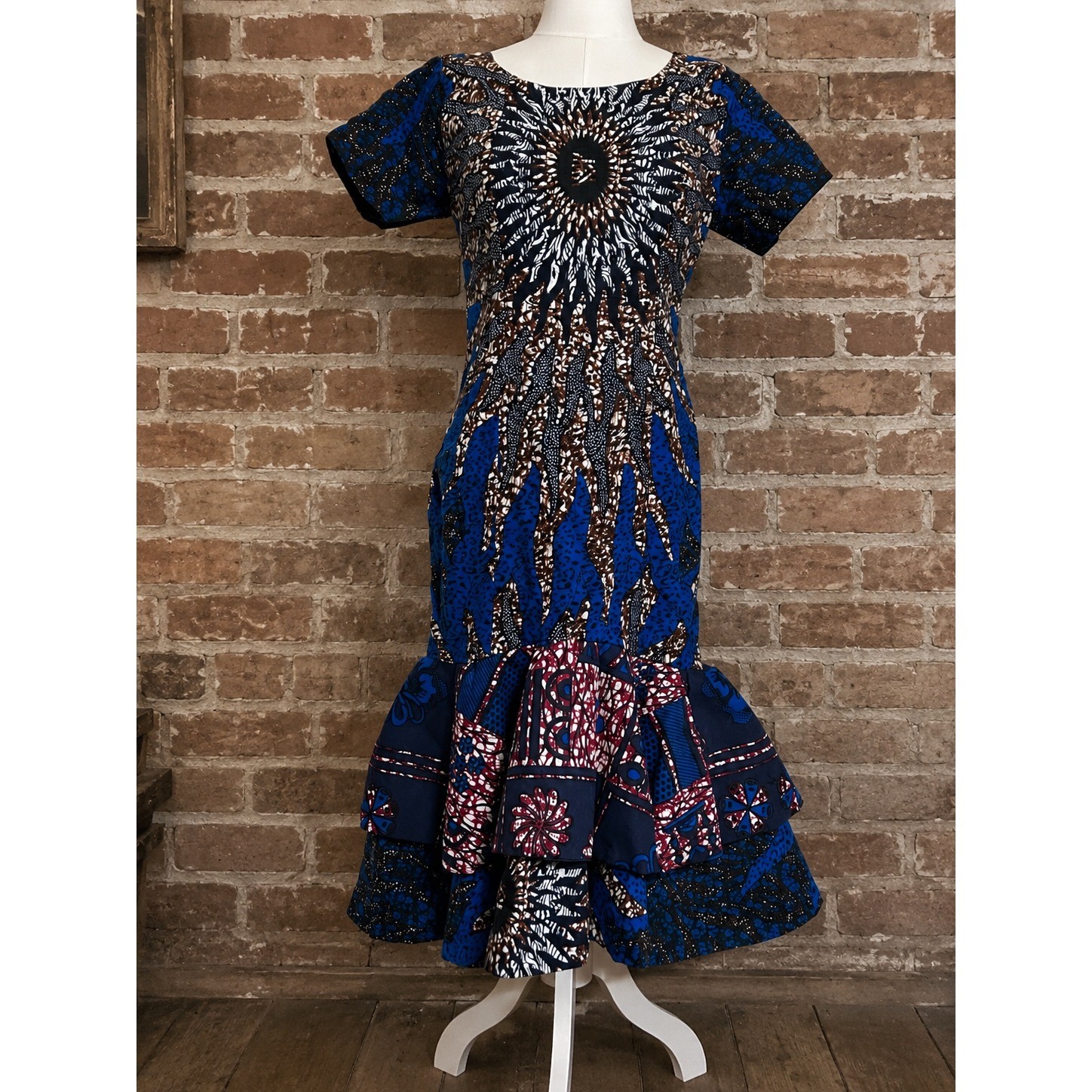 Handmade African Ankara Wax Print Mermaid Dress Blue Sunburst Boho Ruffle XS/S
