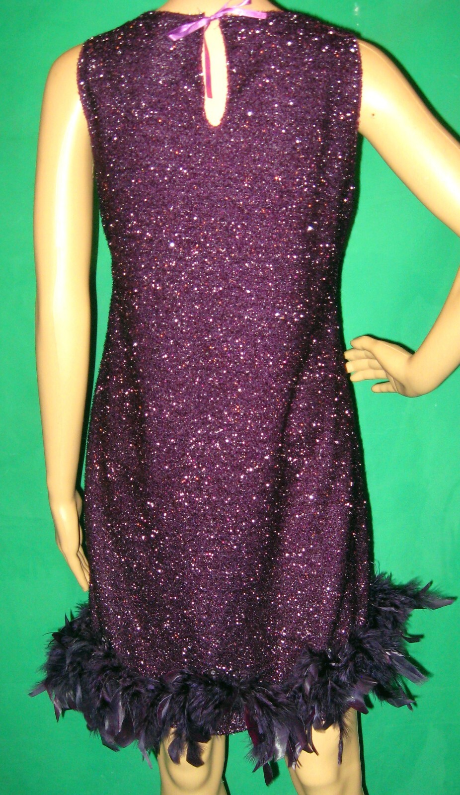 NEW M purple FEATHER dress SILVER retro metallic mod shift flapper party club