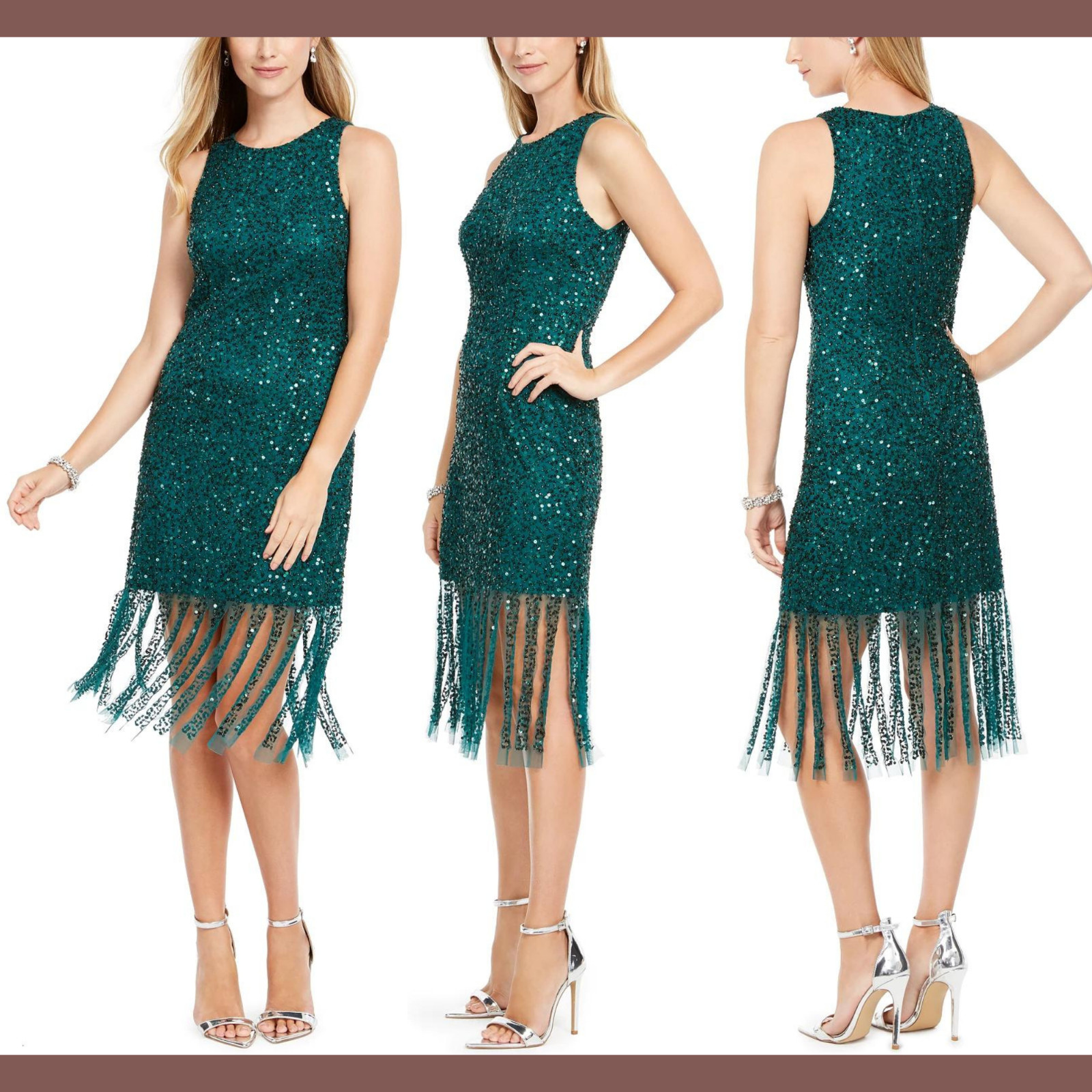 NWT Adrianna Papell [ 8 ] Beaded Short Dress in Dark Jade Green #G837