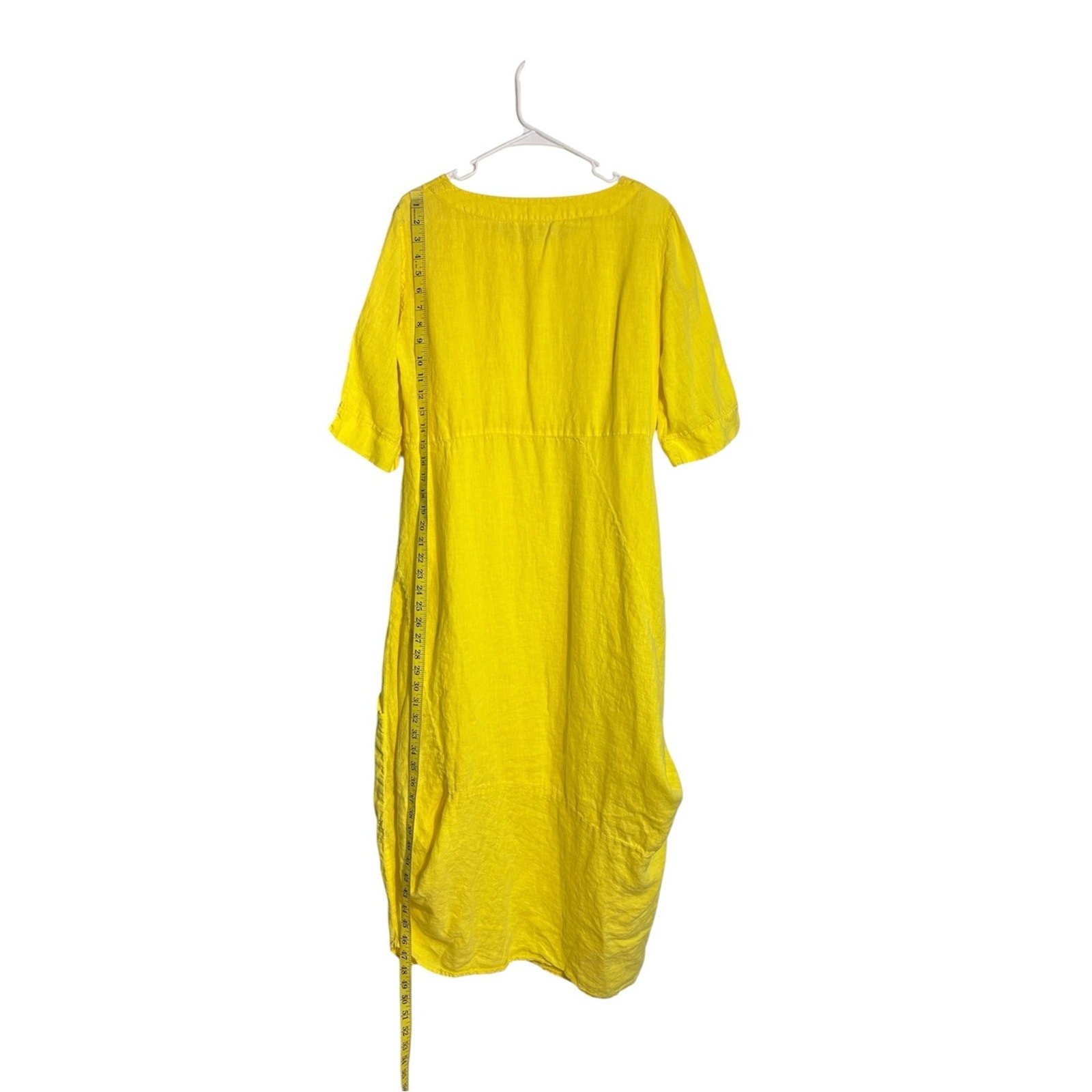 Luukaa Yellow Linen Balloon Pocket Midi Dress Lagenlook Art to Wear Size 12