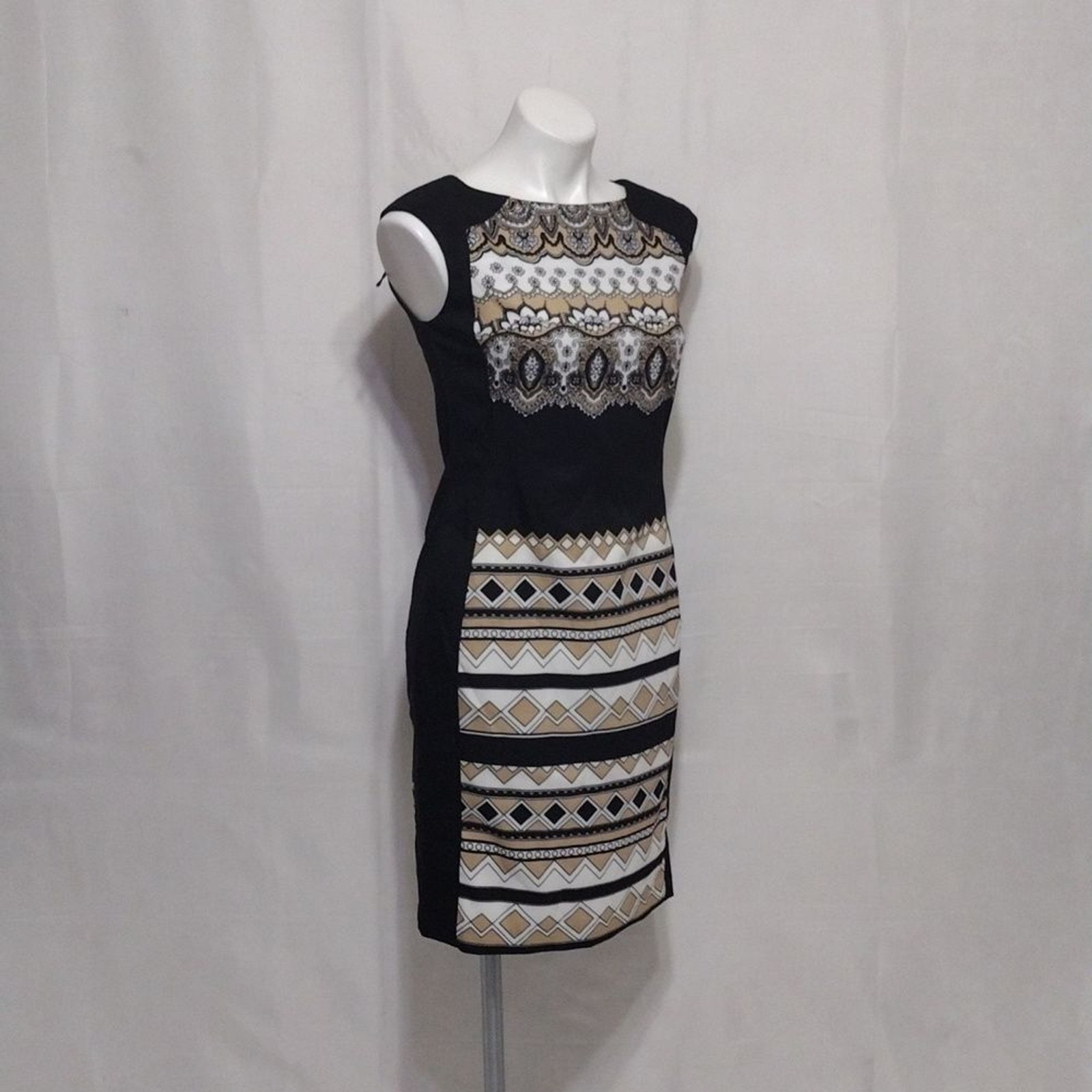 London Times Aztec Print Sleeveless Sheath Dress Sz 4 Boho Chic Workwear Office