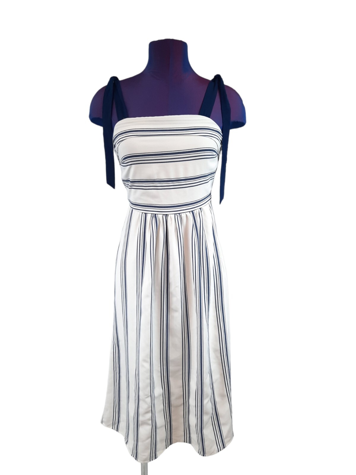 She + Sky White & Navy Striped Square Neck Midi Dress Size Small Women’s M40