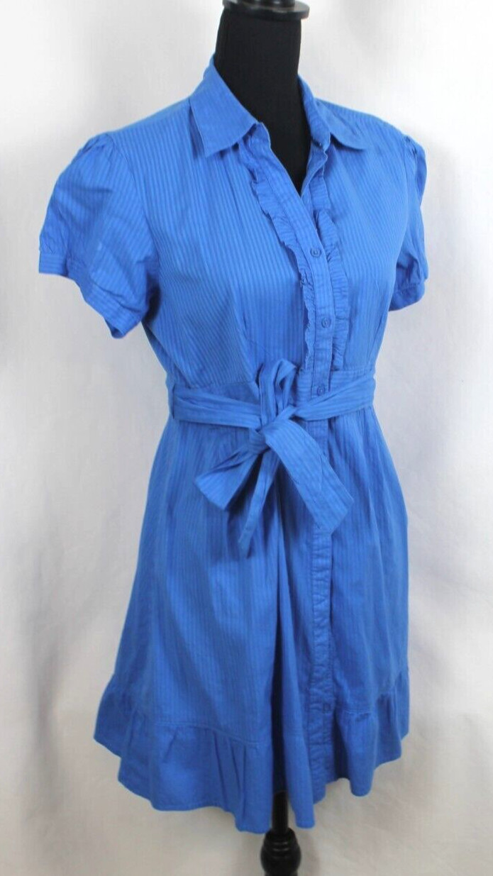 ROUTE 66 Babydoll Blouse Woman Size Large Royal Blue Short Sleeve Buttons Belt