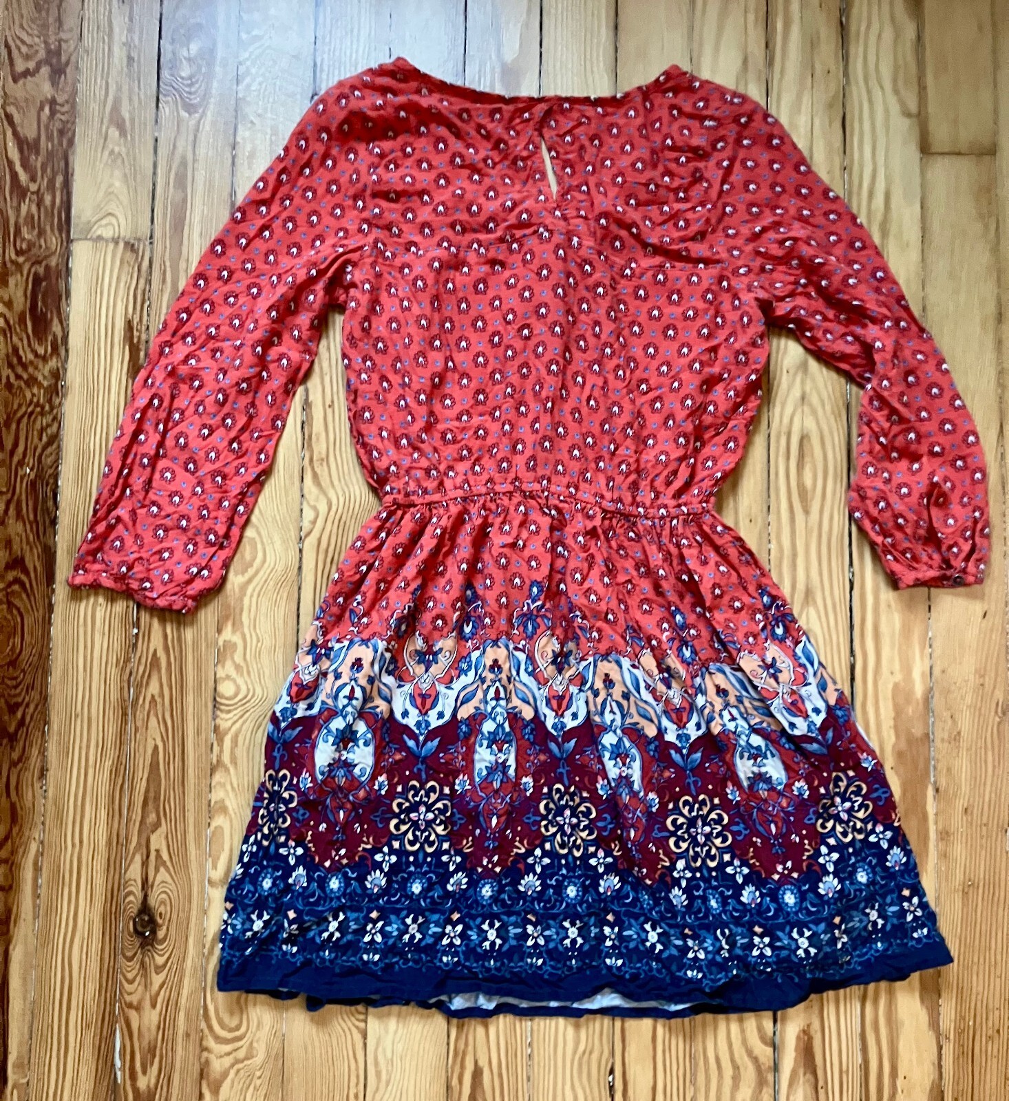 Hollister Rust Red Boho Border Print Dress Tassel Waist Long Sleeve Prairie S