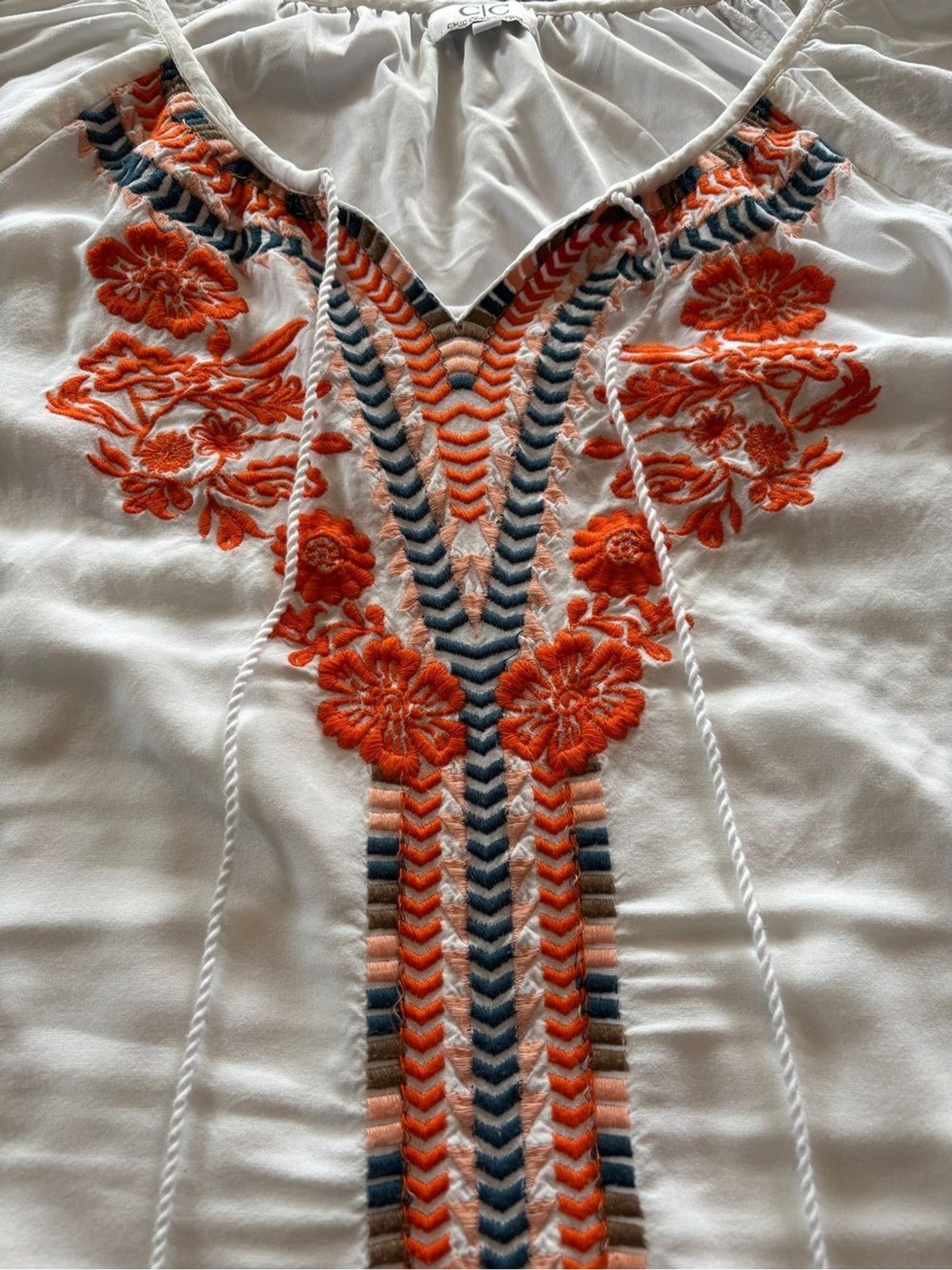 Chic Connection White Boho Coastal Peasent Tunic Dress with Orange Embroidery