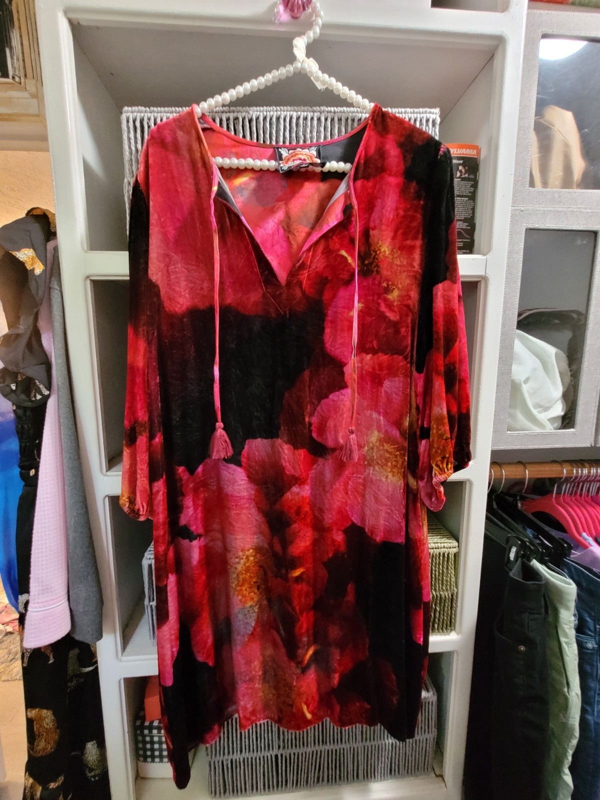 JOHNNY WAS Vesna Dress Ruby Bloom Velvet Silk Blend Shift Dress sz Large