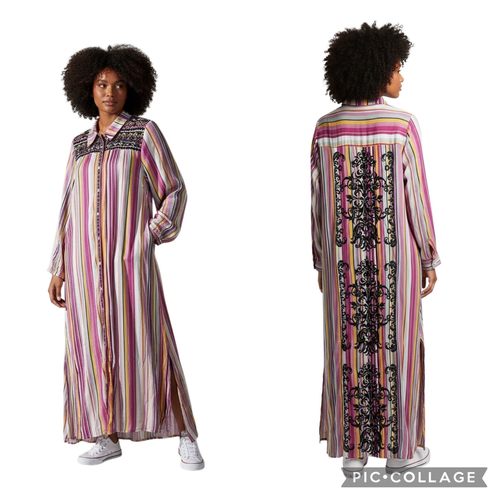 Savanna Jane XL Striped Embroidered Maxi Shirt Dress Pink Yellow Boho M93084