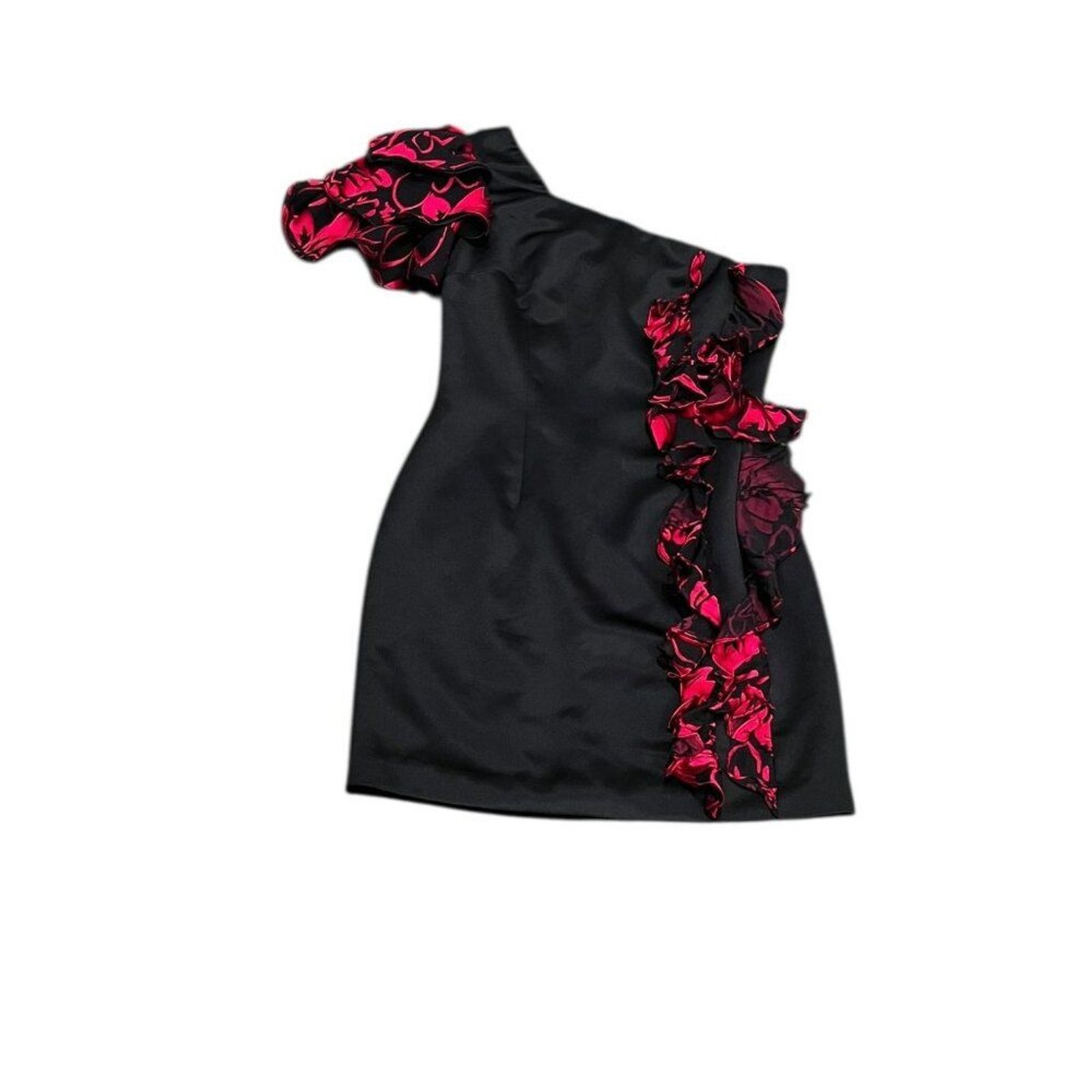 IvaNova Designer One Sleeve Black With Red Ruffle Cocktail Party Mini Dress SZ 4