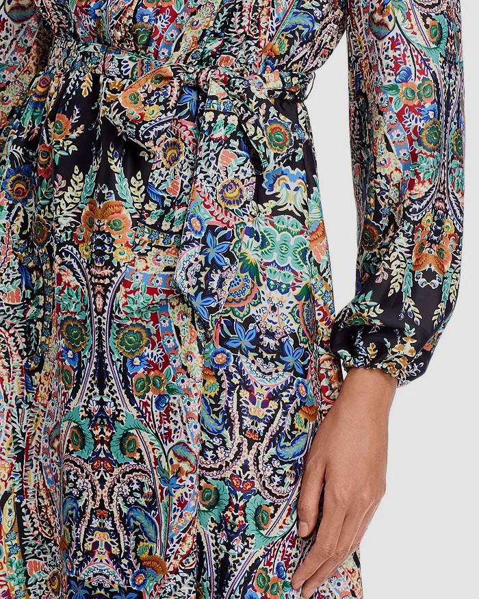 T Tahari Women’s Green Garden Mandarin Collar Long Sleeve Self Tie Dress Size L