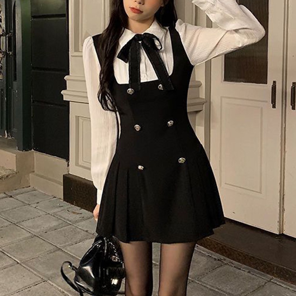 Comfy Spring Autumn Fashion Bow Fake Two Pieces Sweet Bow Buttons Design