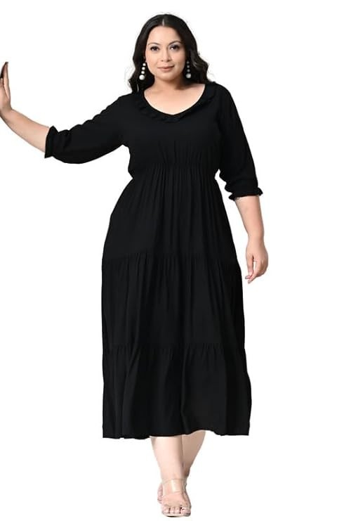 Plus Size Rayon Ruffle Fit & Flare Western Tiered Midi Dress for Women