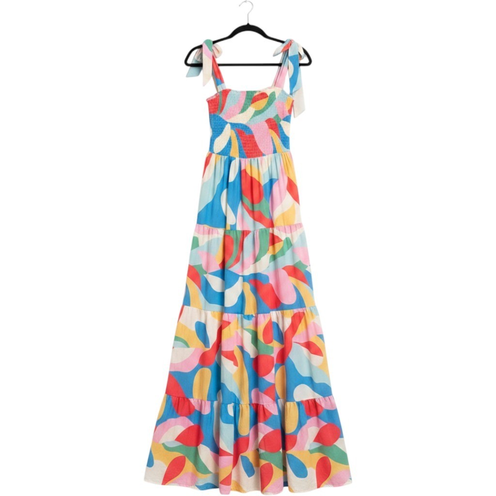 Flying Tomato Maxi Dress M Multicolor Abstract Smocked Tie Shoulder Boho Summer