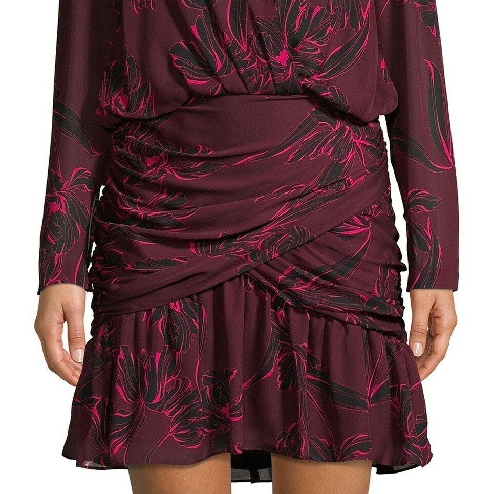 A.L.C. Floral Long sleeve V-Neck Ruched Silk Mini Dress, Size 0 ($595)