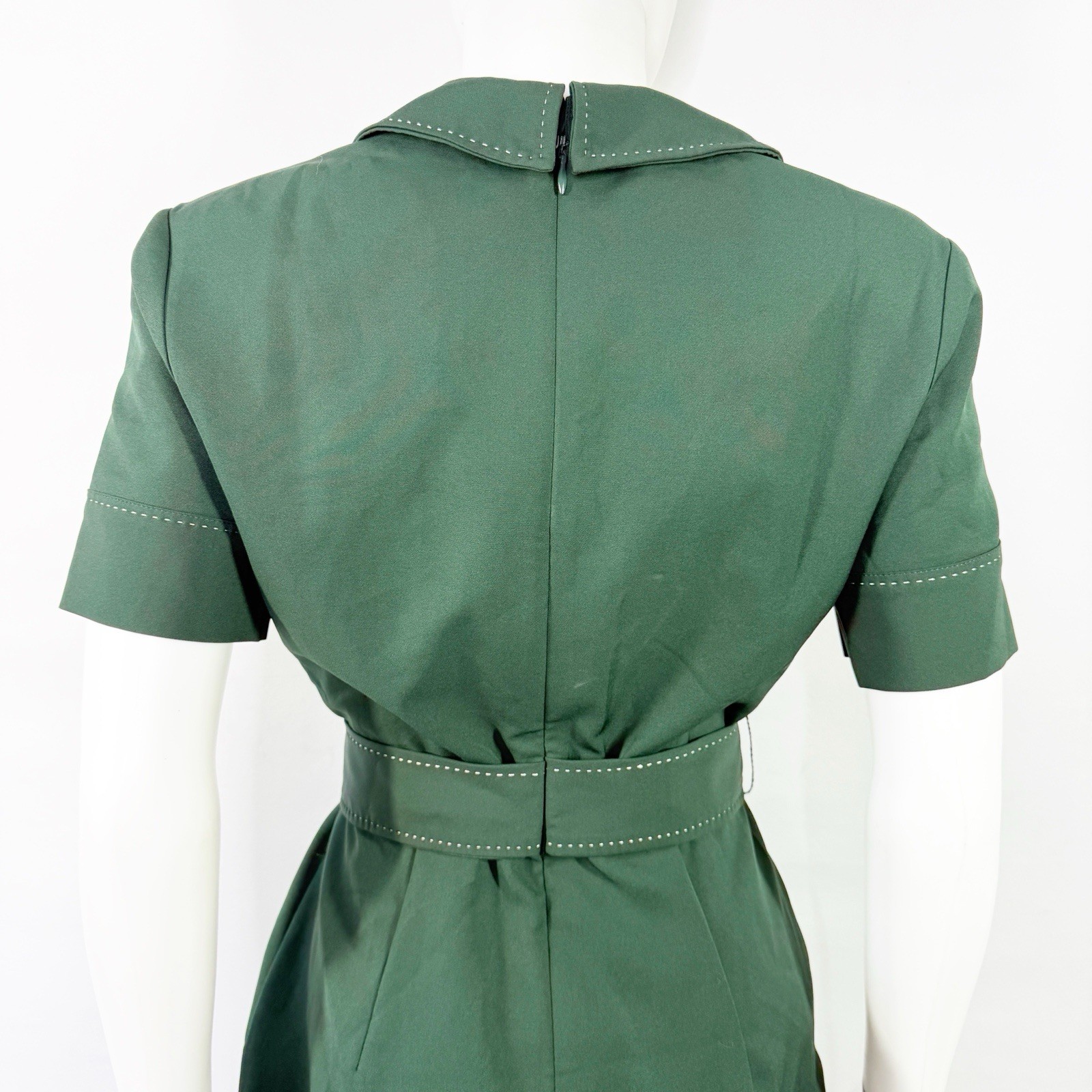 Alexia Admor Dark Green Belted Sheath Dress Size 6 Preppy Collared Short Sleeve
