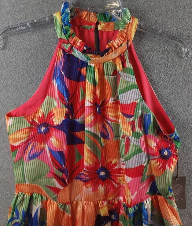 Vince Camuto Floral Print Ruffle Halter Dress Women’s 6 Multi Back Zip Closure