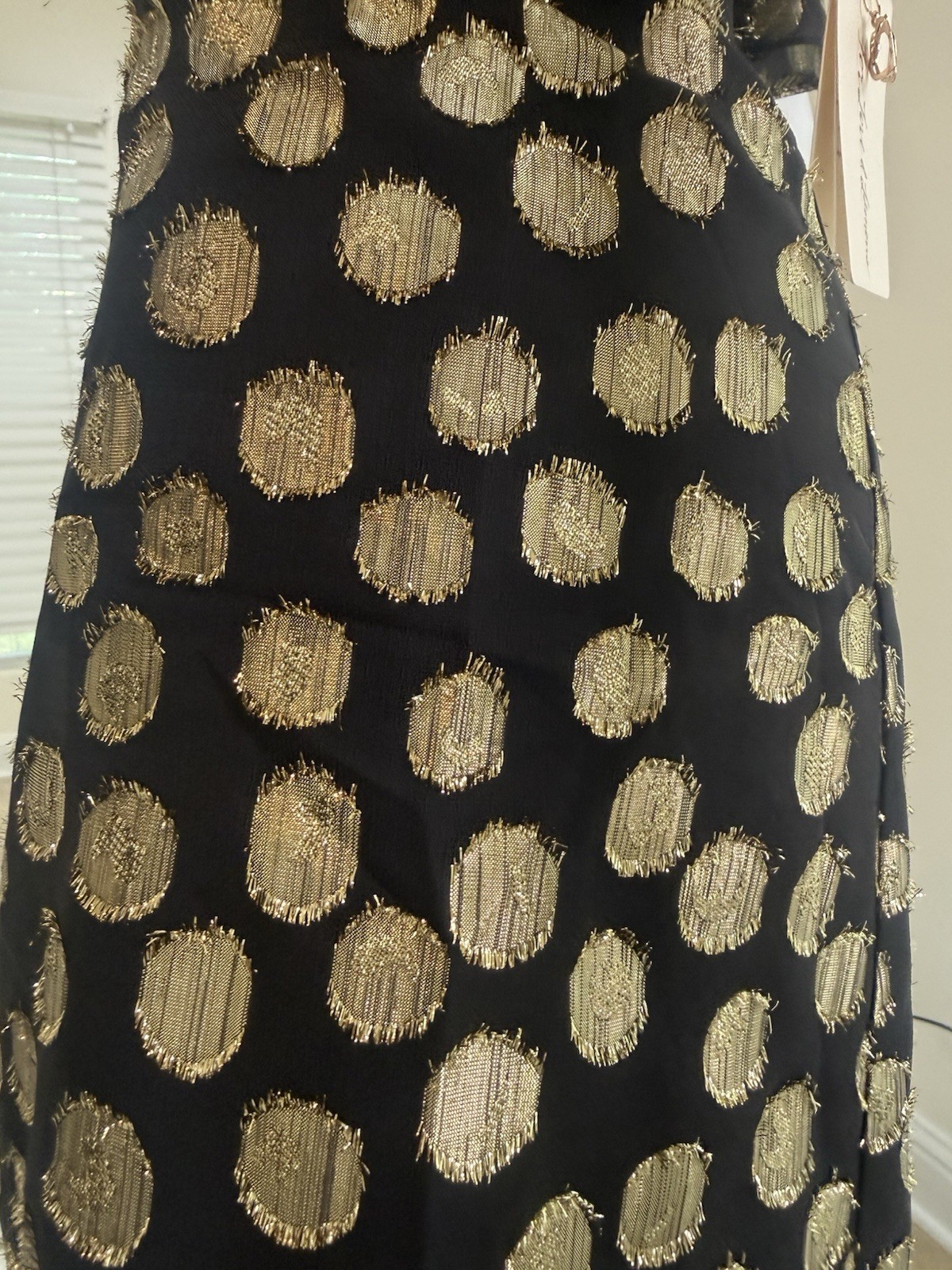 For Love & Lemons Lottie Ruffle Off the Shoulder Mini Dress in Gold Dot Size S