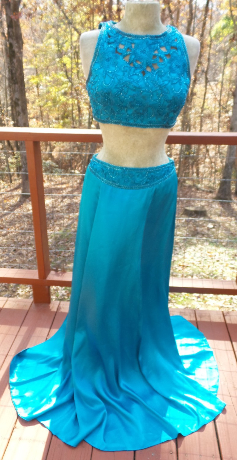 PRECIOUS FORMALS 2 Piece Crop Top Turquoise Beaded Formal Party Prom Dress 12