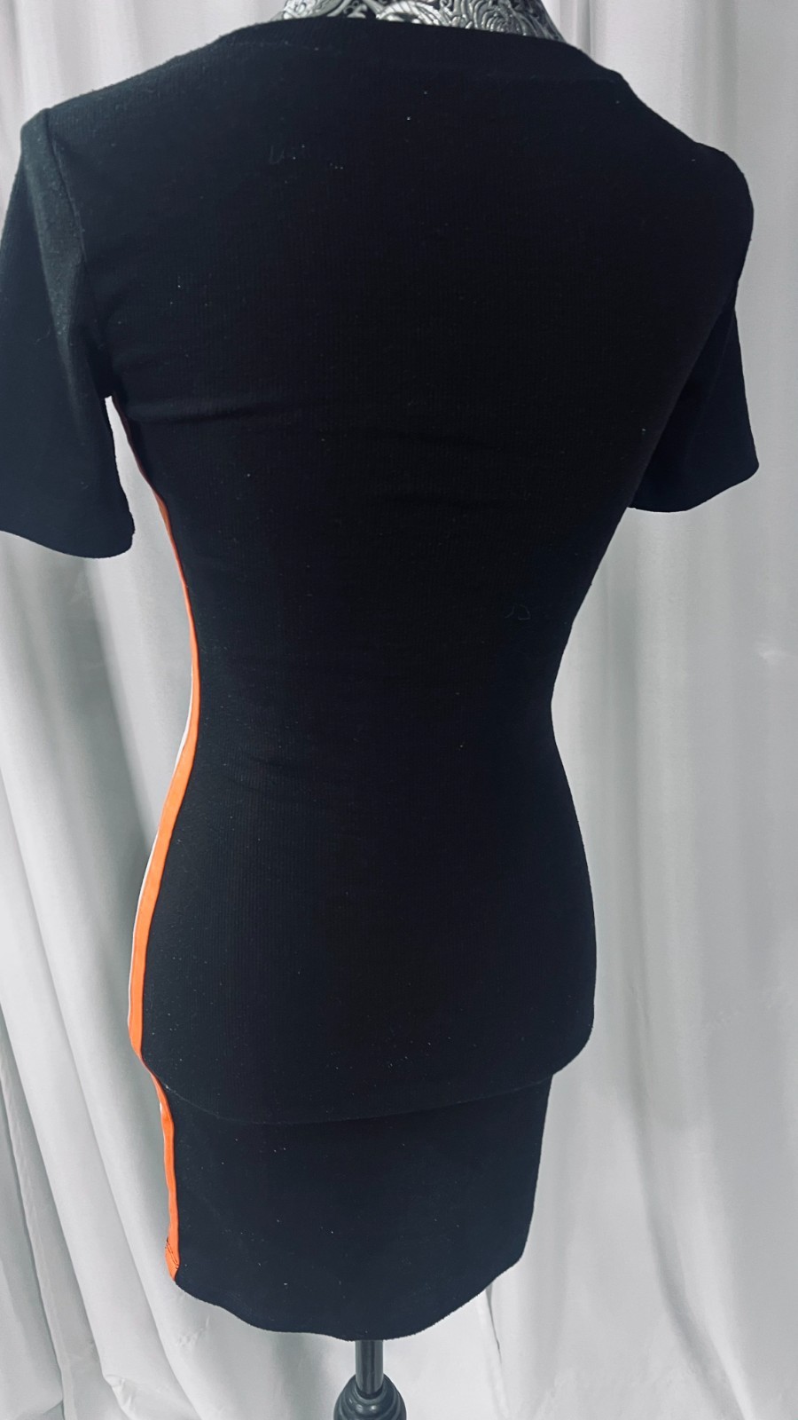 Divided H&M Black Bodycon Pencil Dress Size XS Side Stripes Orange White Ribbed