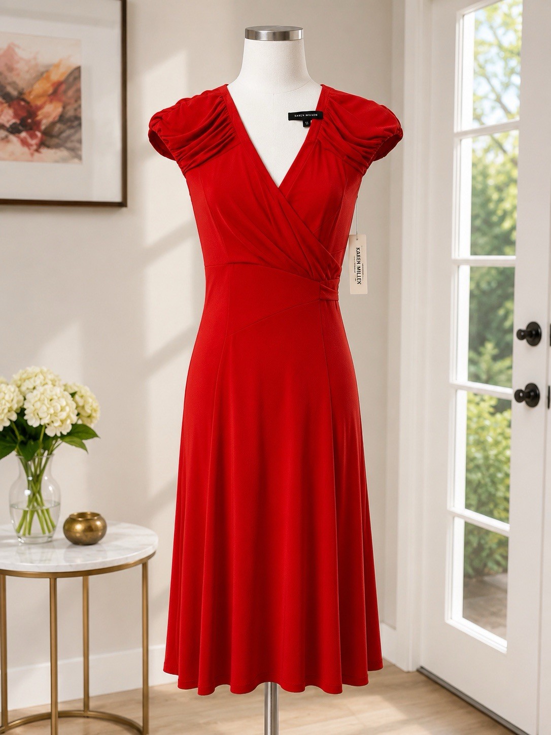 NWT David Meister Red Faux Wrap Dress Size 6 Ruched Cap Sleeve Cocktail Midi