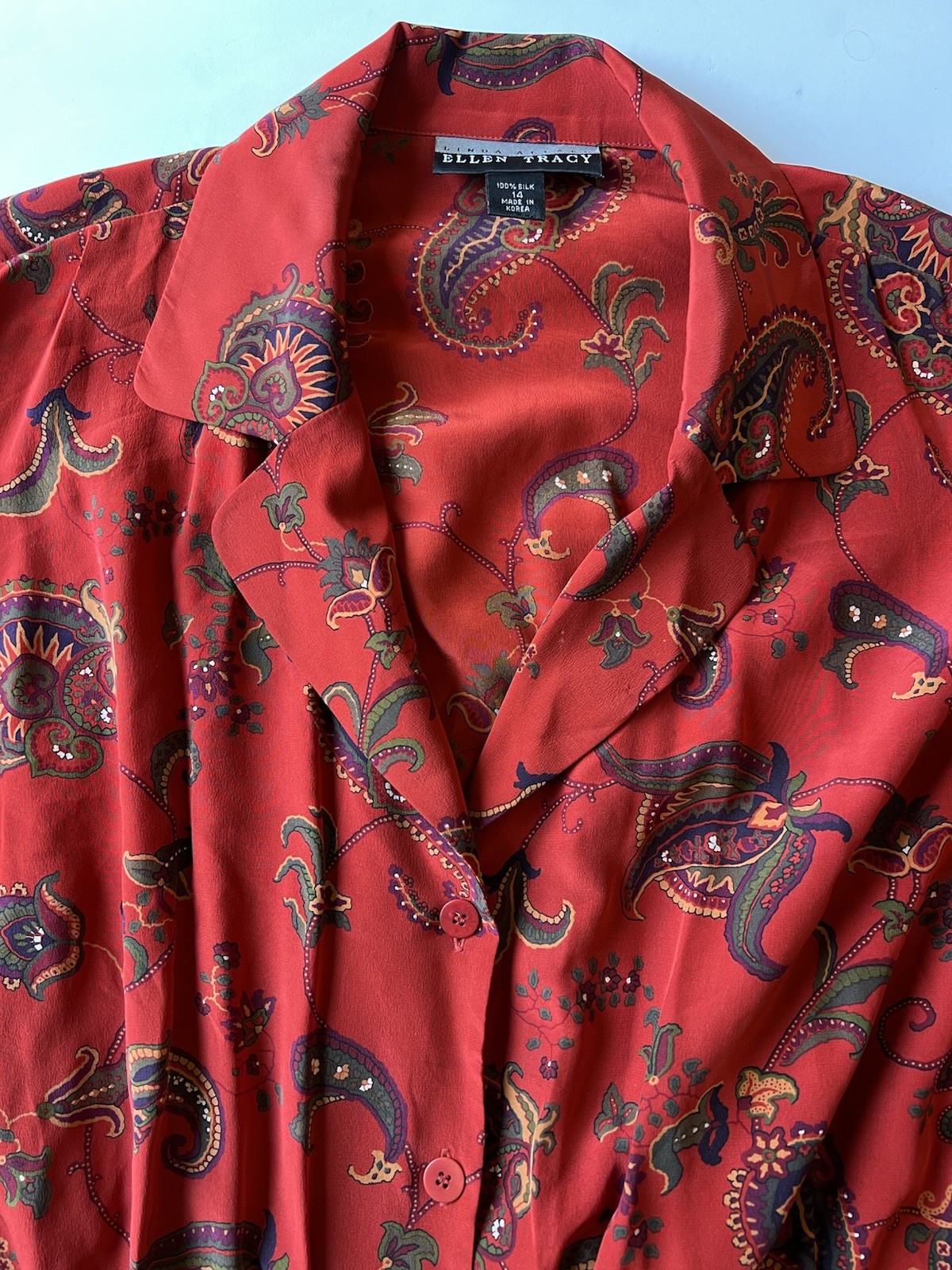 Vtg Linda Allard Ellen Tracy 100% Silk Paisley Dress Red Shirtdress Size 14