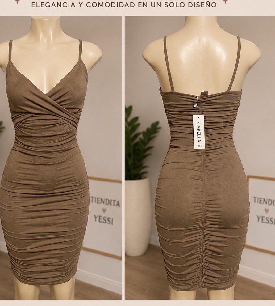 Capella USA Brown Ruched Bodycon Spaghetti Strap V-Neck Knee Dress Size M