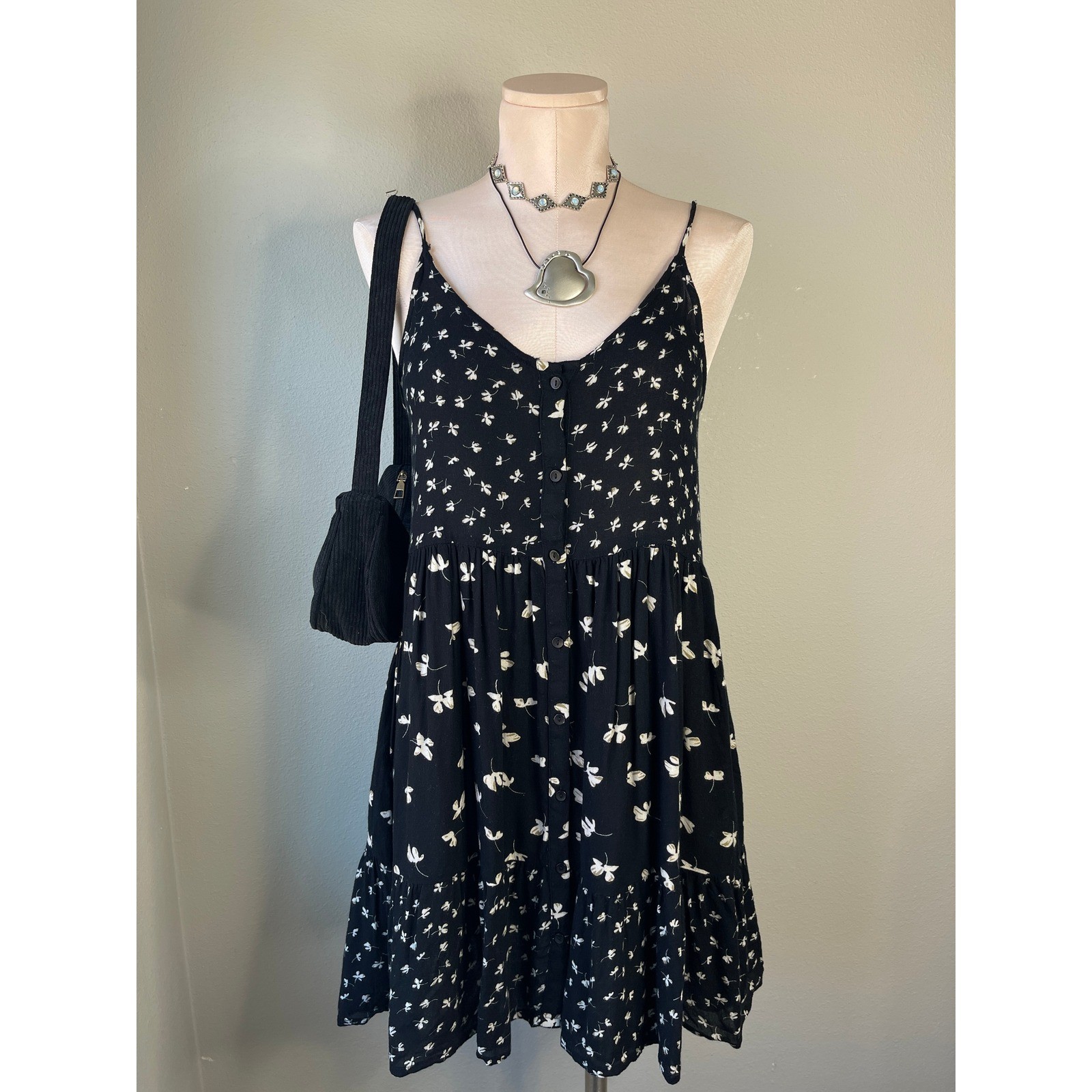 Patrons of Peace Mini Dress Black Floral Button Front Tiered Boho Small