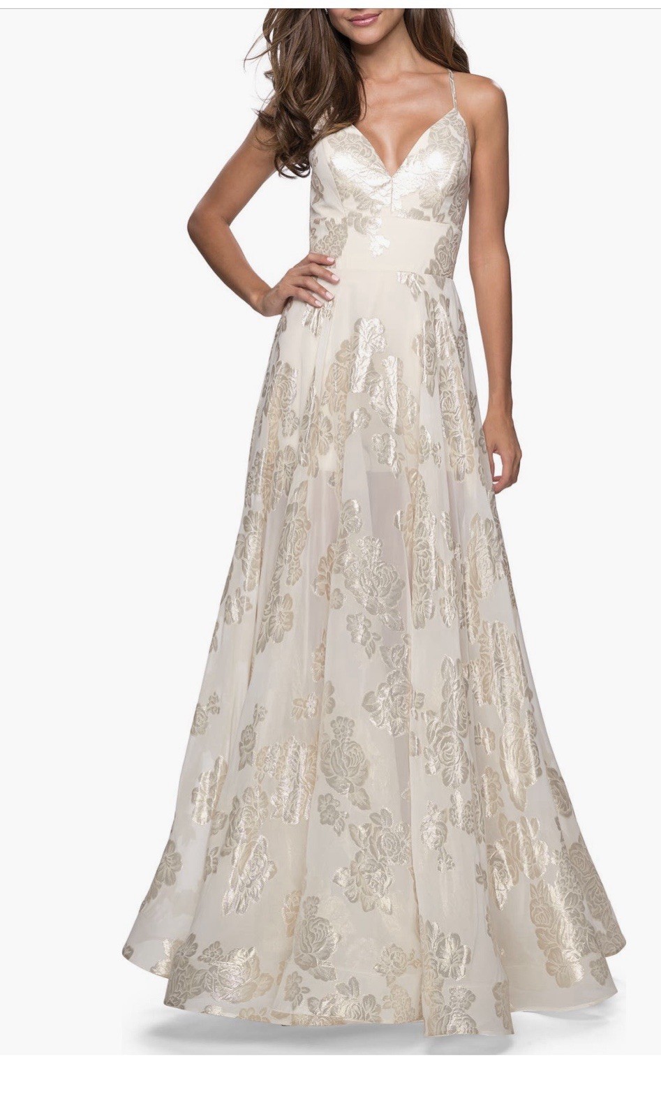 La Femme Organza Ivory Strapless A-Line Gown with Gold Floral Jacquard