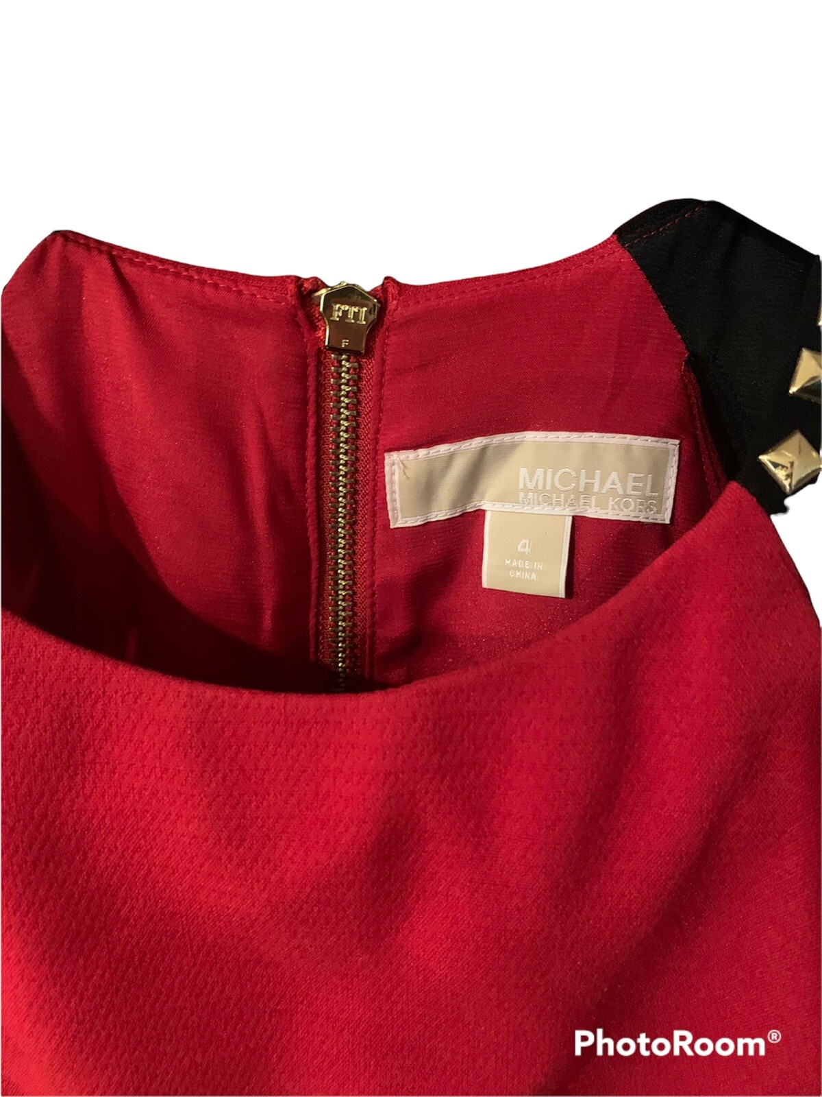 Women Designer MICHAEL KORS Red Black Gold Embellished Shoulder Cocktail Dress 4