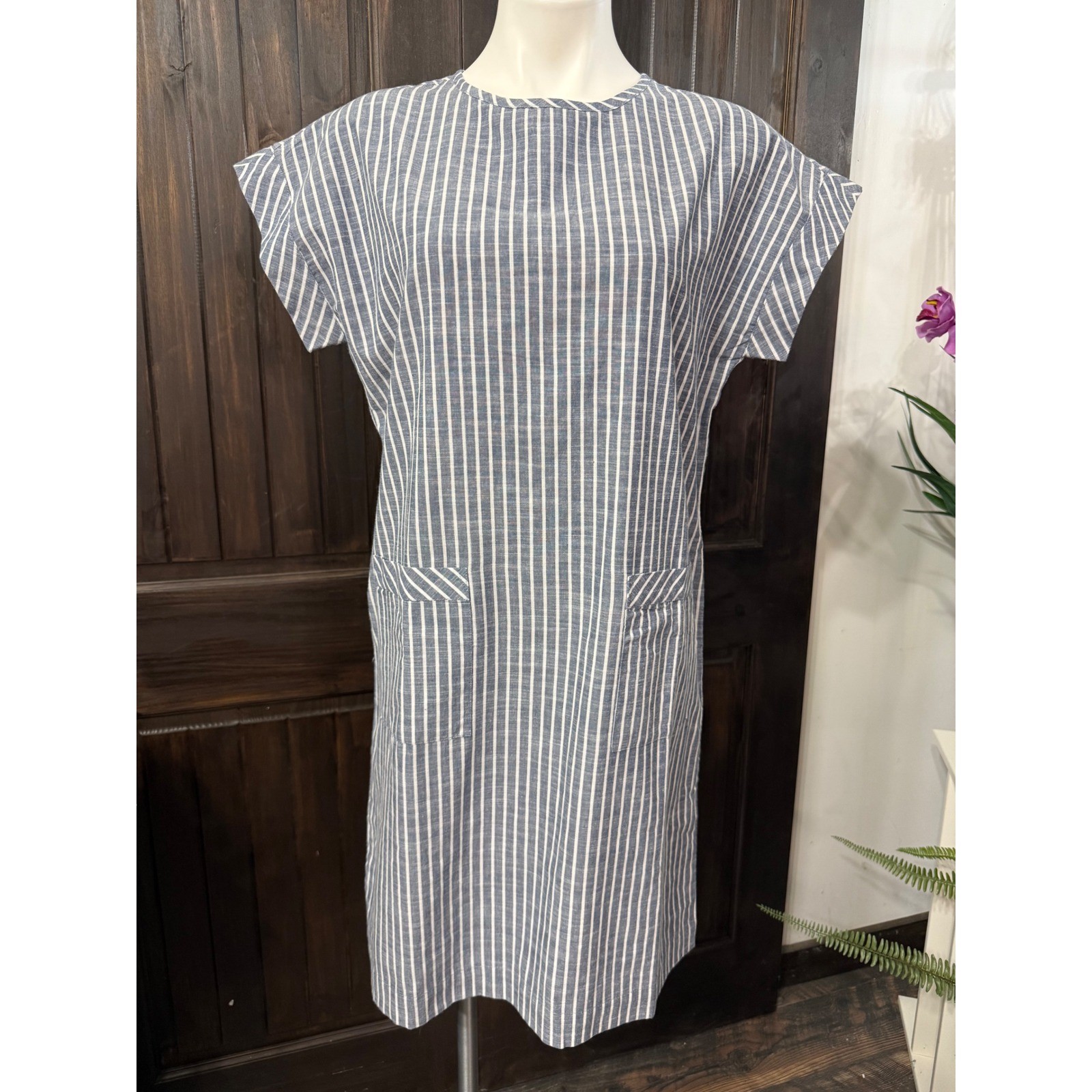 Appleseeds Blue White Striped Shift Dress Womens 8 Short Sleeve Pocket