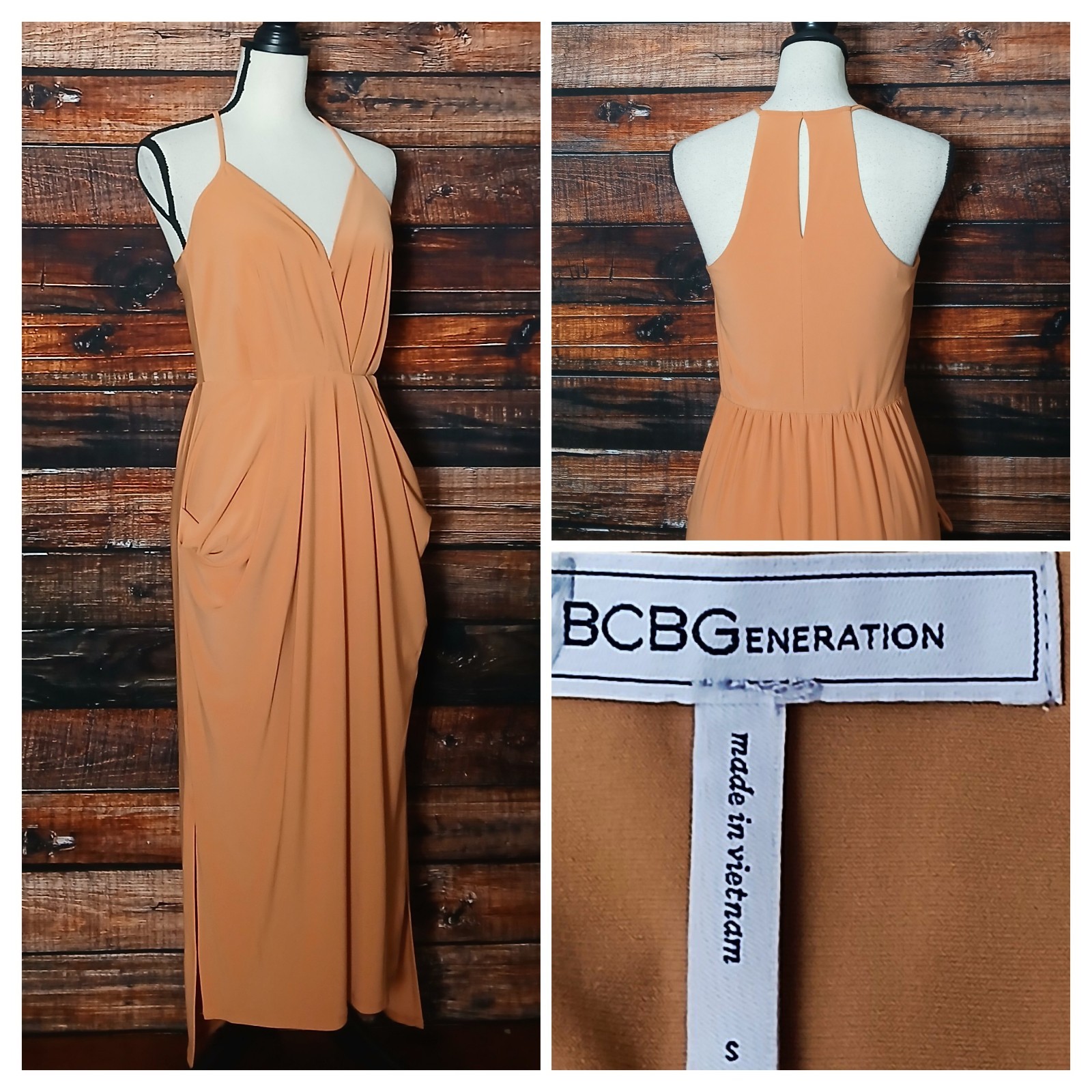 BCBGeneration Midi Halter Dress Size S Peach Pleated Draped Pockets Hi Low Hem