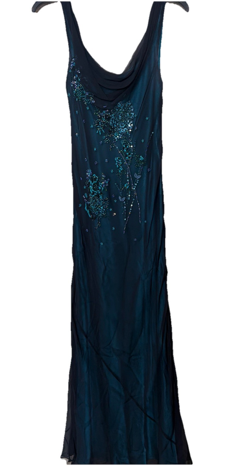 Vintage Y2K Sue Wong-Style Laundry Blue Floral Beaded SILK Gown 4 Whimsigoth