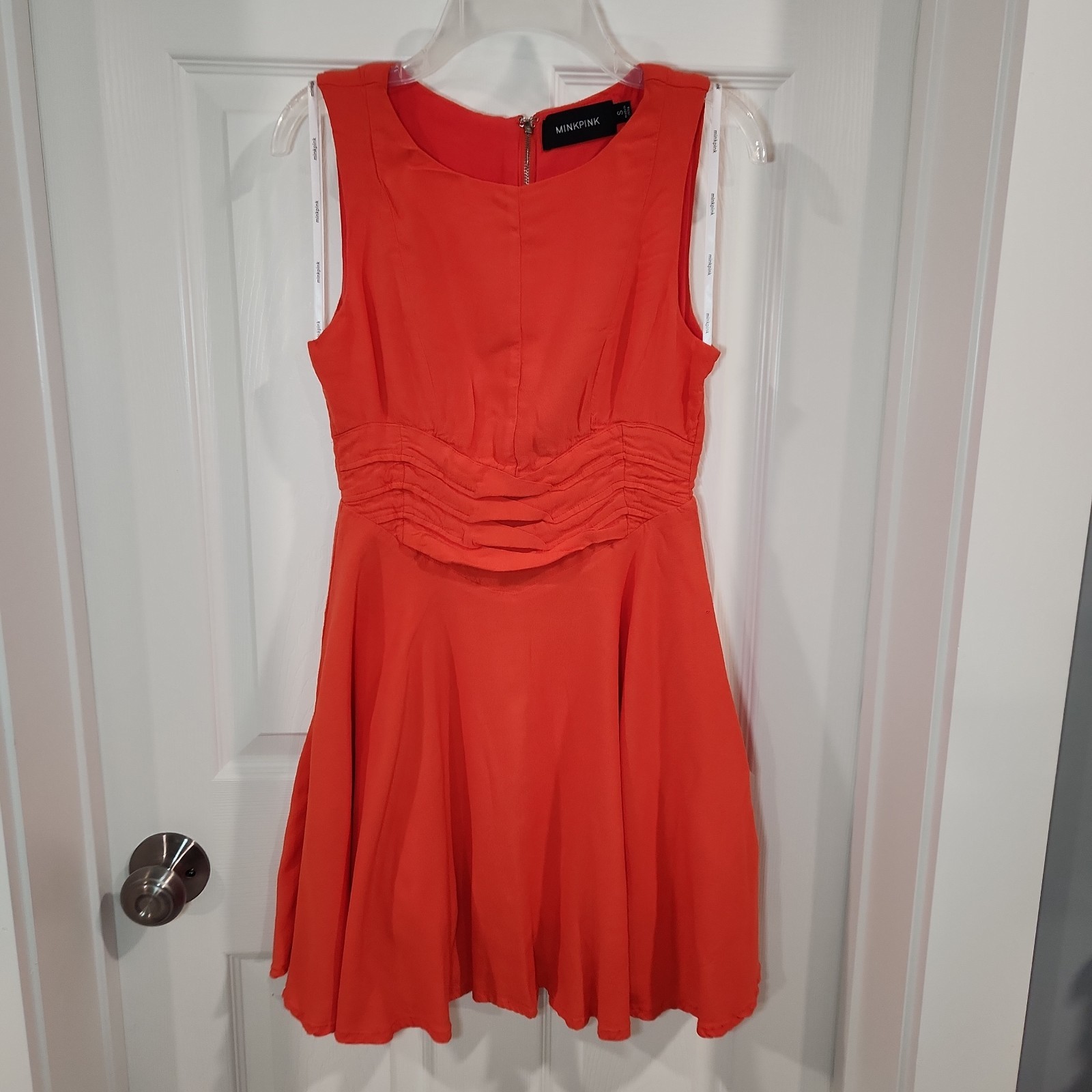 MINKPINK Orange Sleevless Mini Skater Dress Pleated Ruched Waist Womens Size S