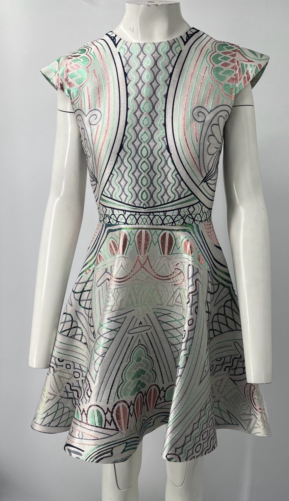 Mary Katrantzou STAINED Silver pink navy green Silk Print Fit Flare Dress sz 10