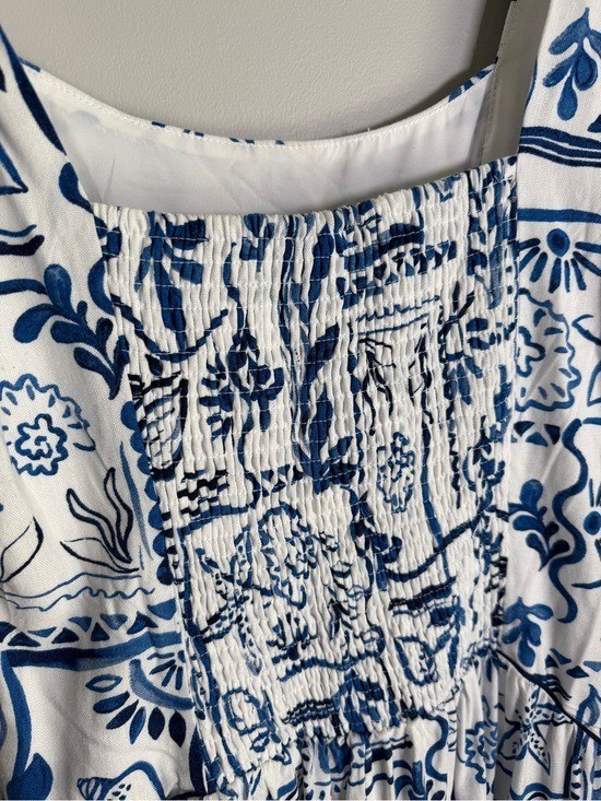 CeCe Ivory Blue Mediterranean Tile Print Tiered Maxi Dress Sz LARGE Rayon Linen