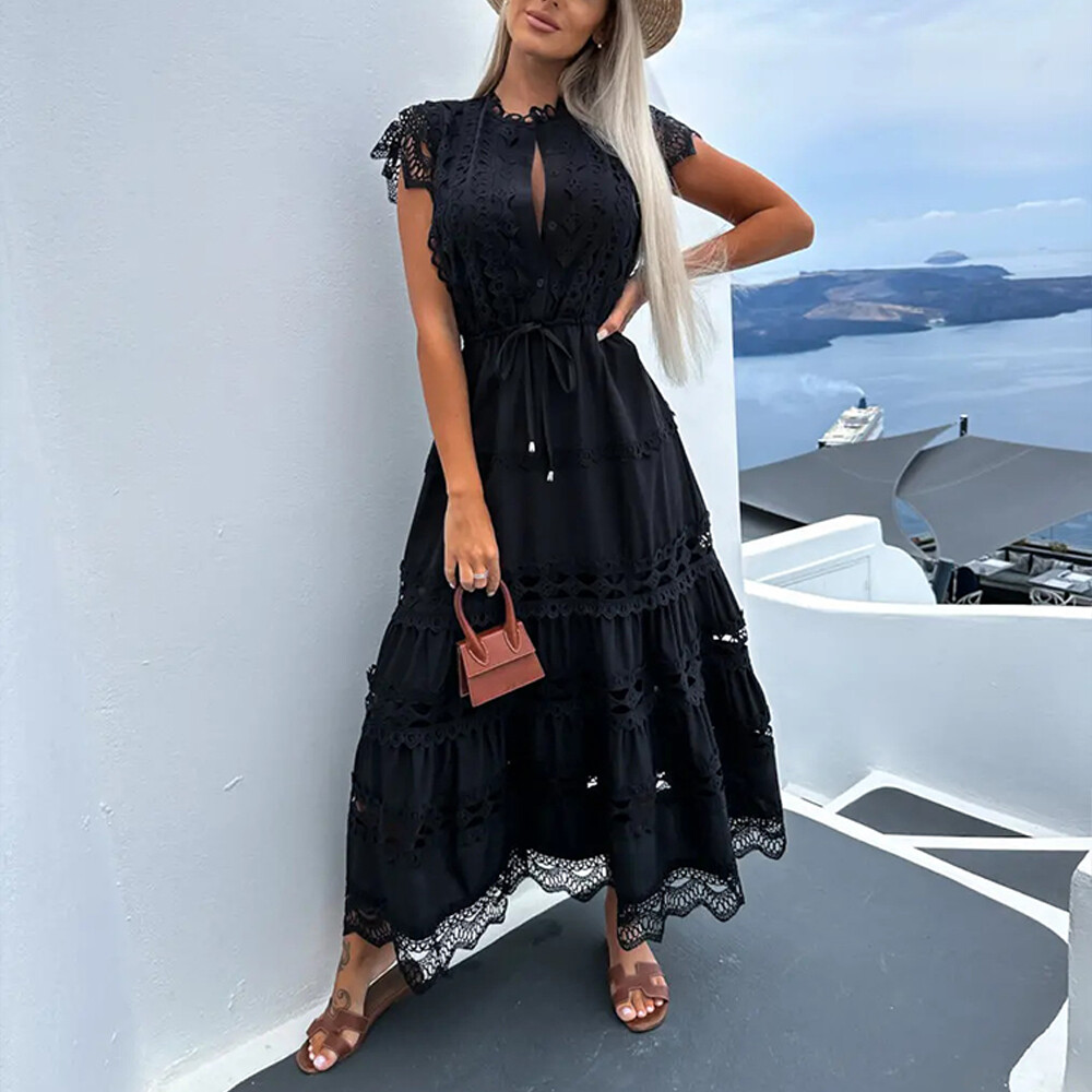 Womens Lace Short Sleeve Hollow Out Long Dress Summer Holiday Beach Sundress