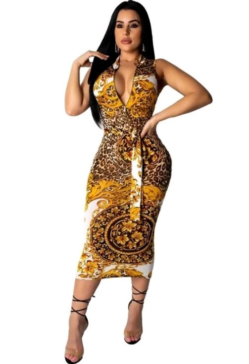 NWOT Zip Down V-neckline Bodycon Midi Dress Strap Tie Waist Floral/Animal Print