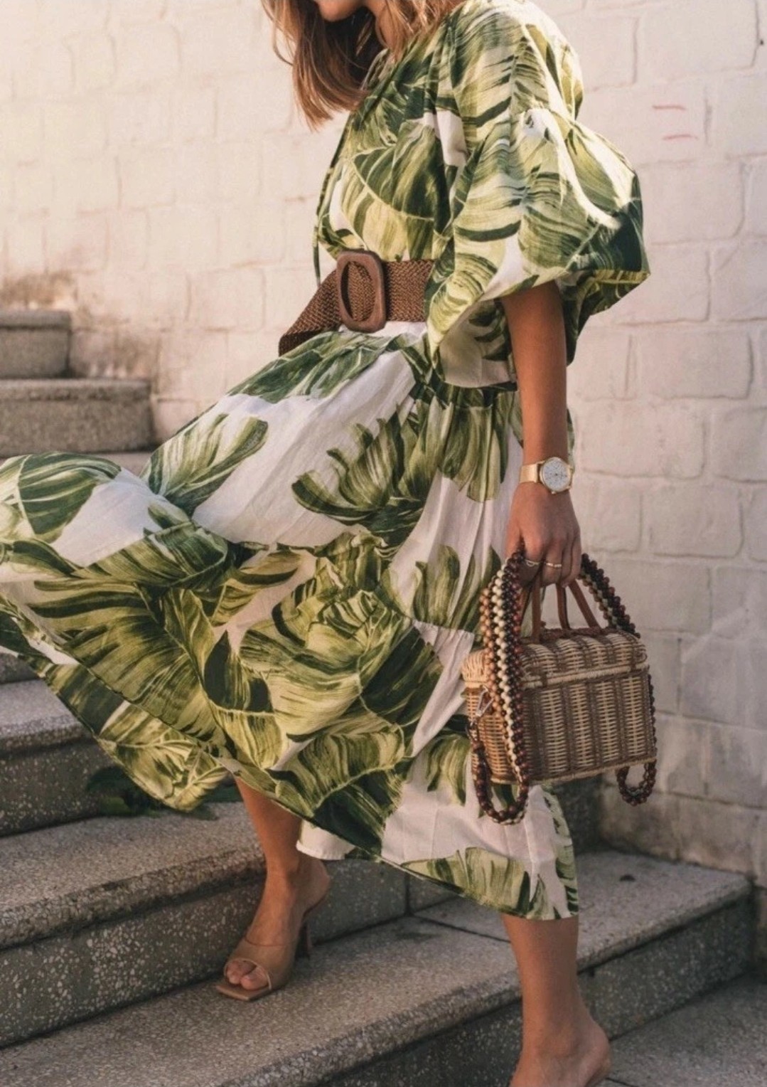 Blogger Fav H&M Tropical Palm Leaf Print Dress Long Prairie Midi/Maxi Kaftan L