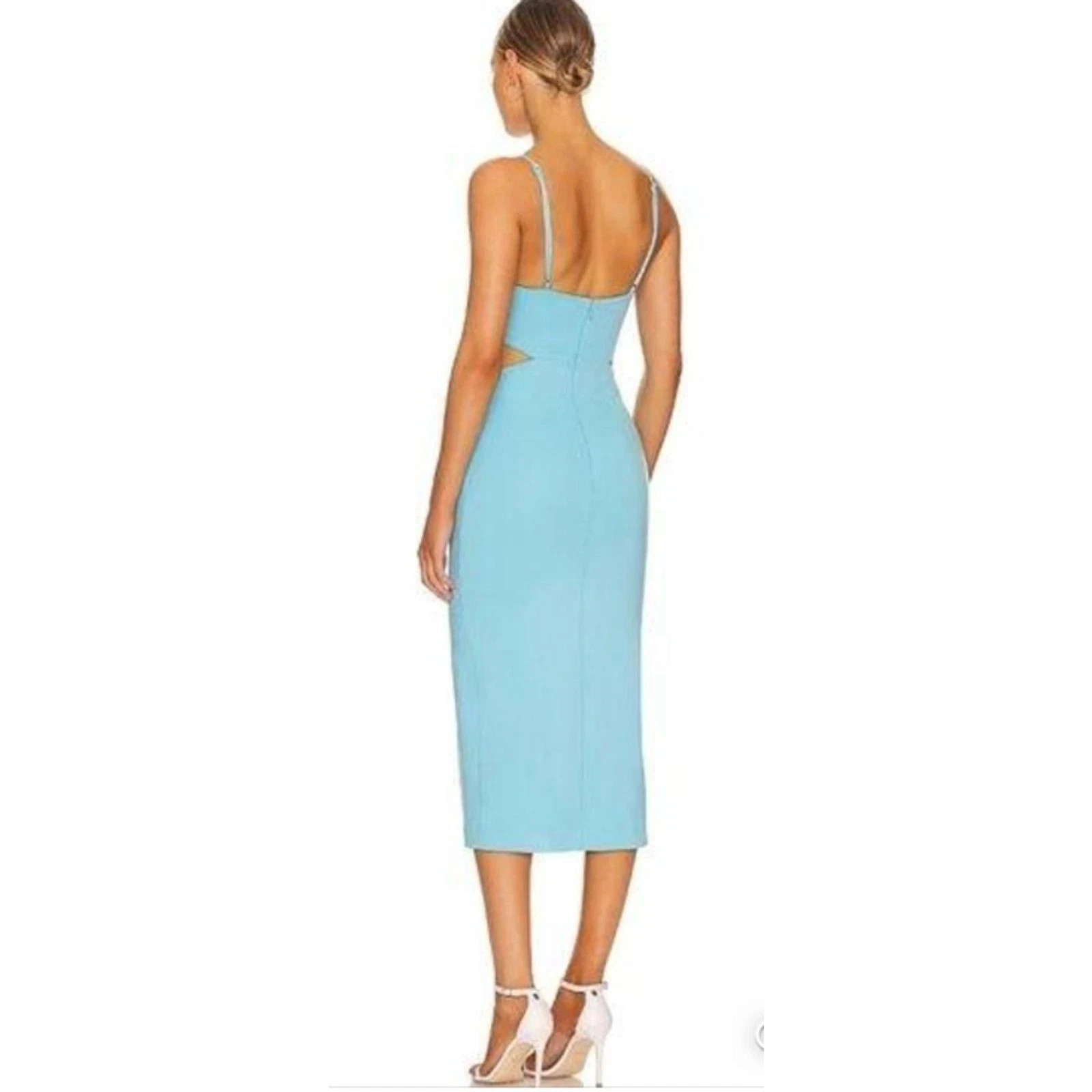 H:ours Womens Light Blue Adjustable Strap Cut Out Leg Slit Hayden Sheath Dress M