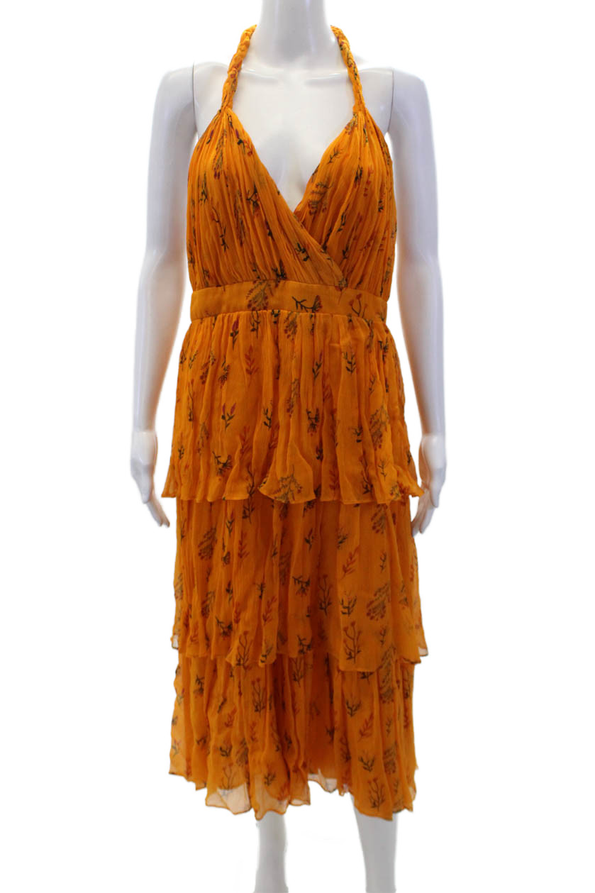 Guapa Womens Open Back Halter V Neck Floral Midi Dress Brown Size 12