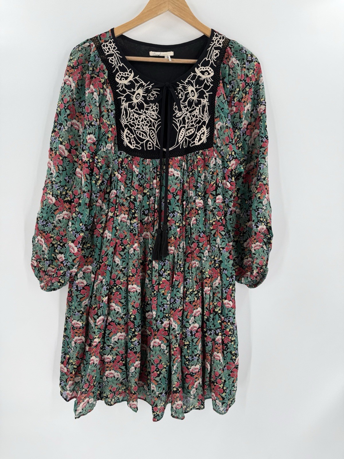 Anthropologie Floreat Ottava Peasant Dress Boho Babydoll Dark Floral SMALL