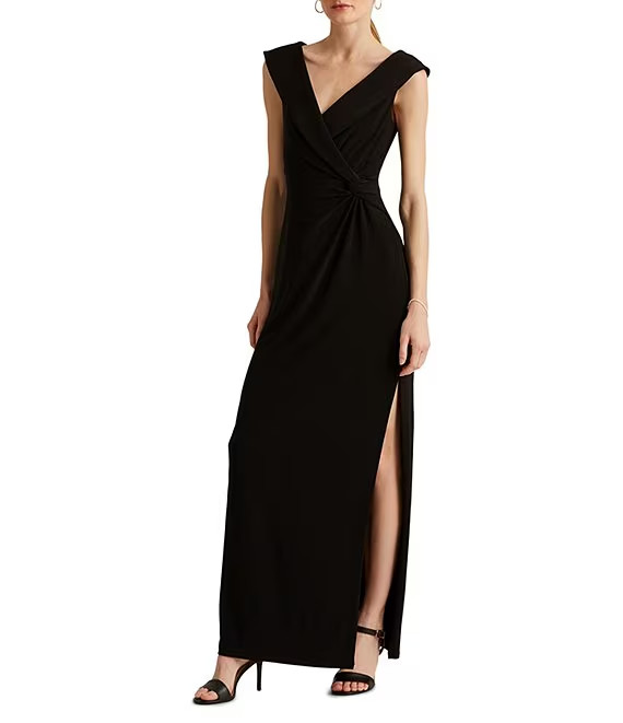 Lauren Ralph Lauren Fold Over Collar V-Neck Sleeveless Side Slit Gown SZ 14 NEW