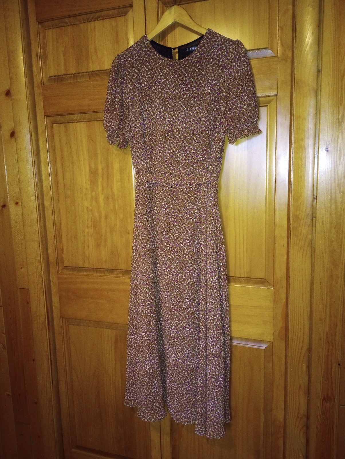 Calico Prairie Dress Brown Sz Large Boho Midi puff sleeve lined belt zip keyhole