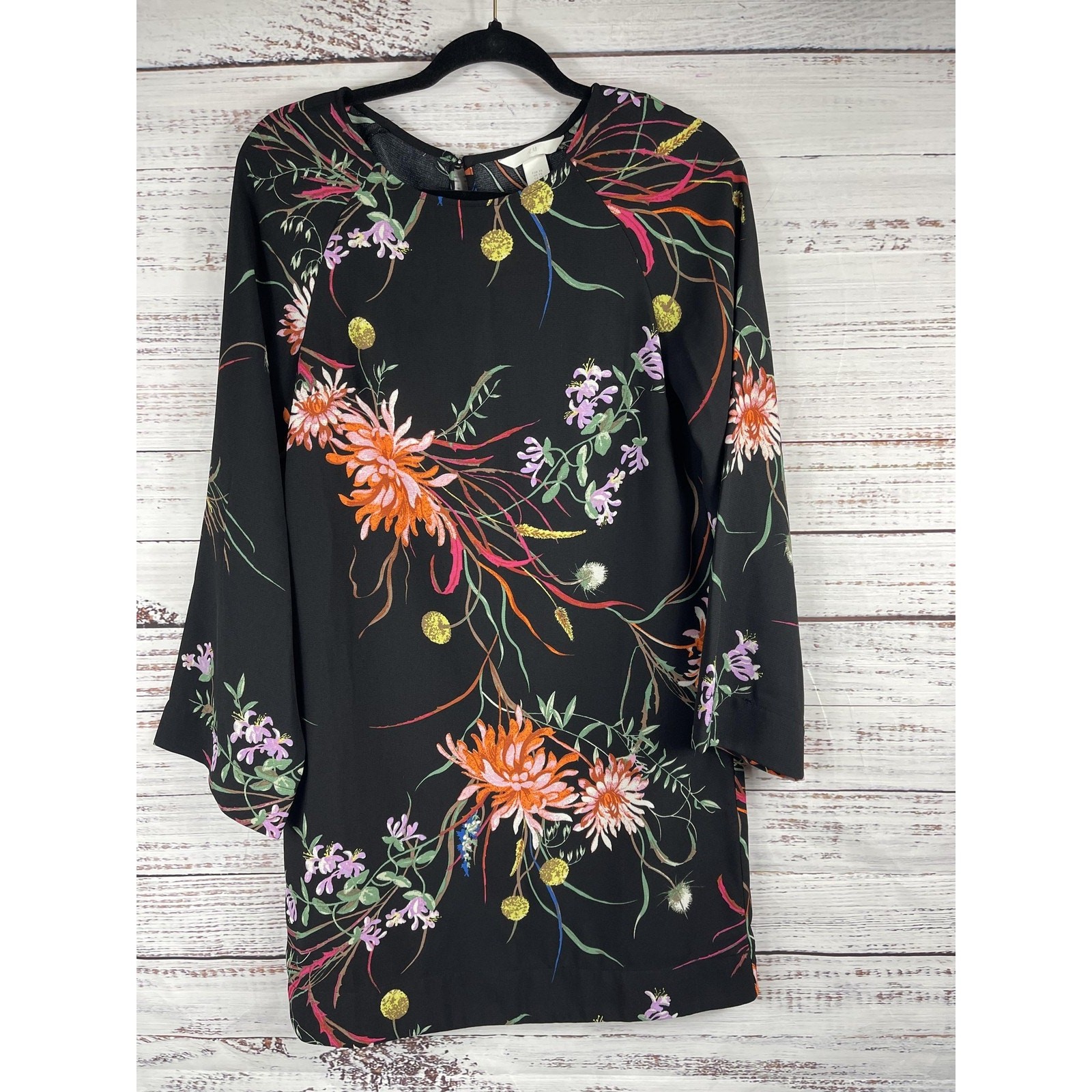 H&M Dress Women’s XS Black Floral Print Loose Fit Boat Neck Keyhole Sleeve 34in