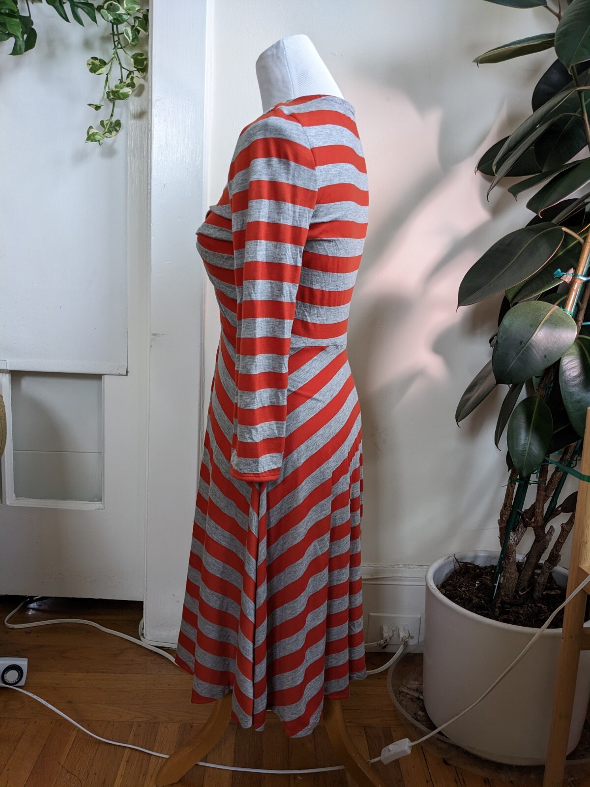 bright red / heather gray striped gathered bust long sleeve rayon dress knit