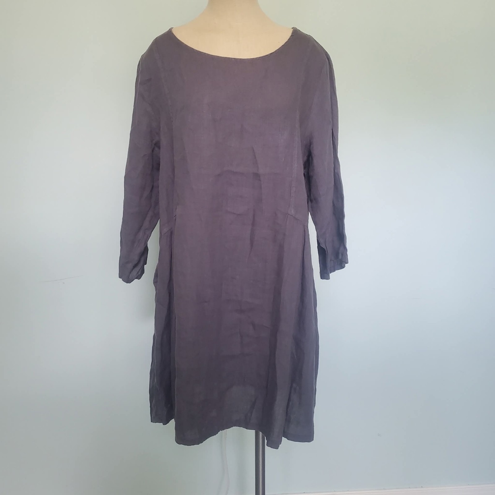 Match Point USA M Dress 100% Linen 3/4 Sleeve Gray Casual Lagenlook Minimal