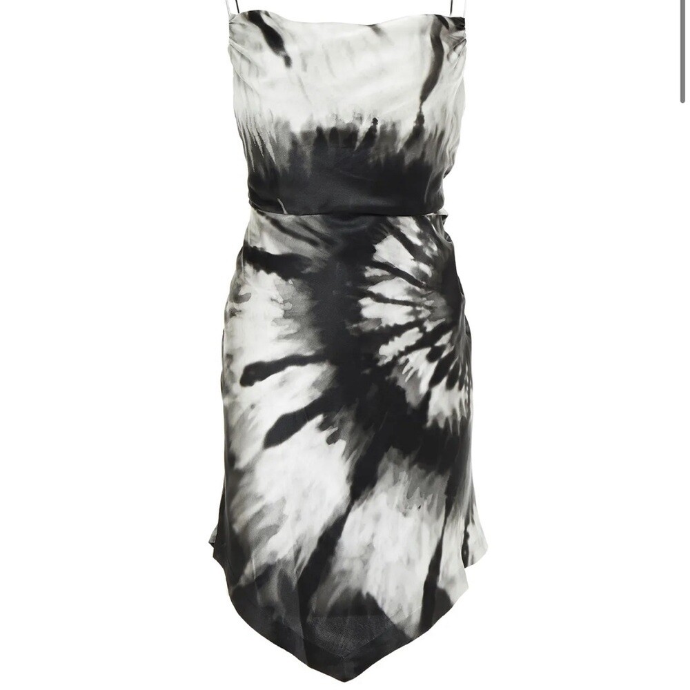 Retrofte Auris Draped Printed Silk Mini Dress Black Tye Die XL
