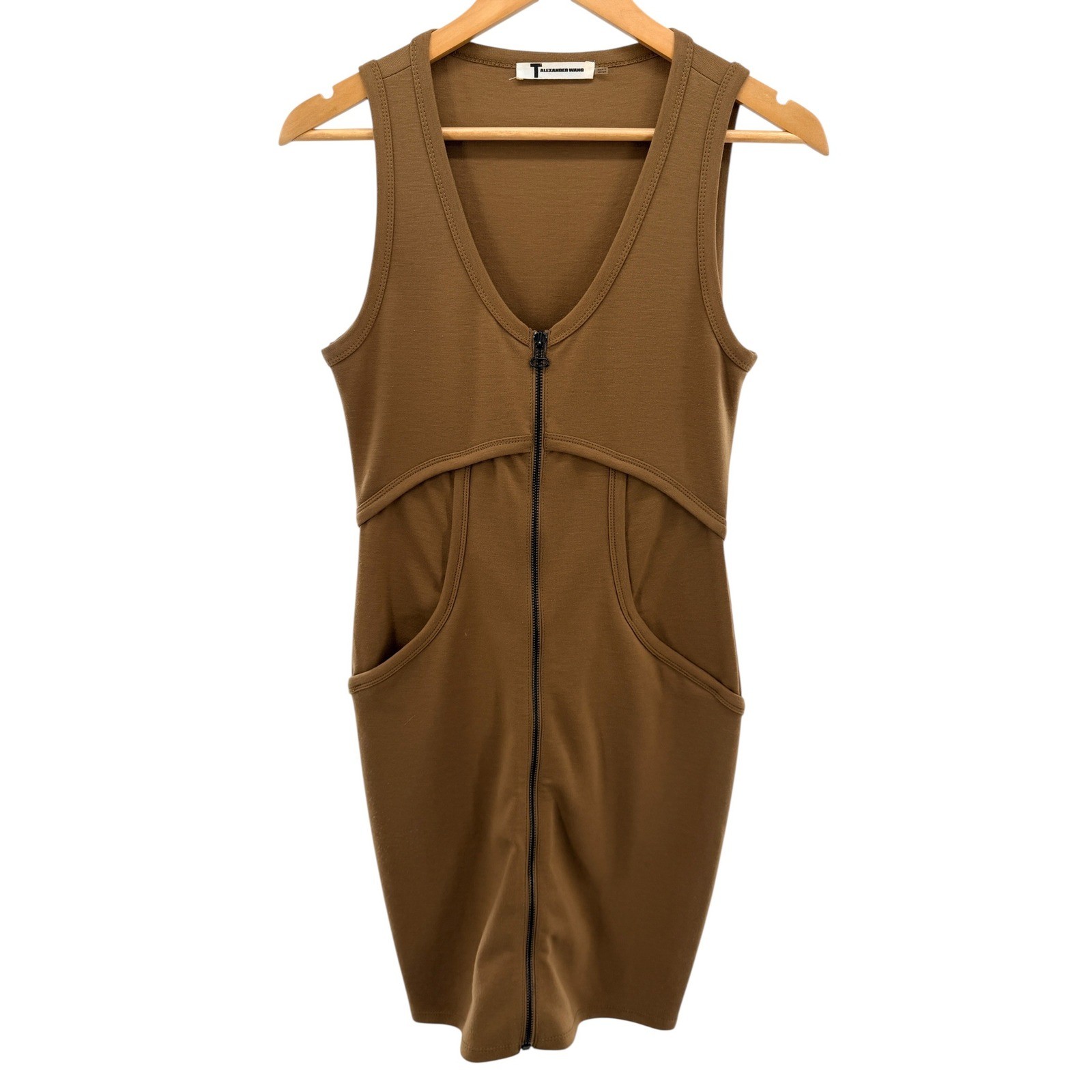 T by Alexander Wang Brown Full Zip V-Neck Sleeveless Pockets Mini Dress Small