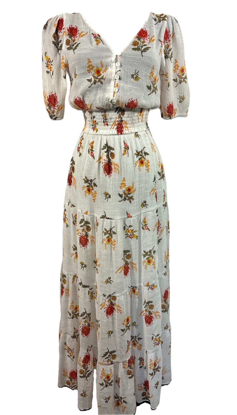 J Gee Poof Sleeve Maxi Smocked Tiered Dress White Floral Boho Small 2 Pc Girly