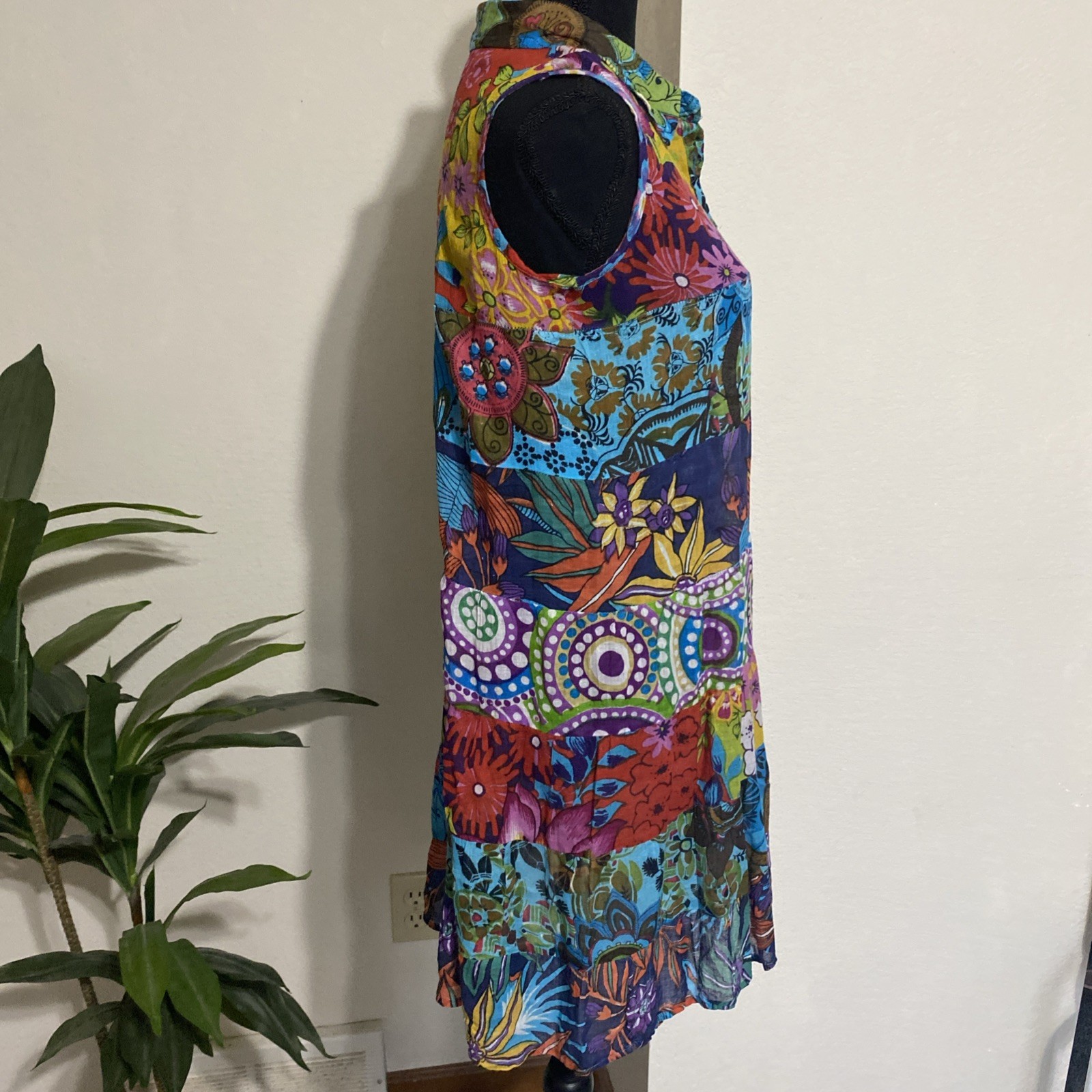 ETC VTG Multi-Color Patchwork Floral Dress S Lightweight Cotton Artsy Vacation
