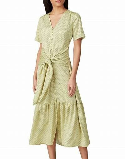 Love, Whit Citron Dot Midi Maxi Dress Womens Sz XL Tie Waist Green Whitney Port